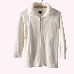 Talbots White Thick Chunky Knit Full Zip Turtle Neck Ribbed Cotton Sweater L